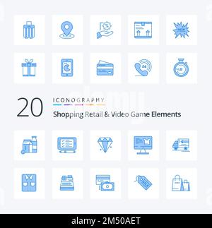 20 Shoping Retail e Video Game Elements Blue Color Icon Pack come consegna shopping Diamond monitor computer Illustrazione Vettoriale