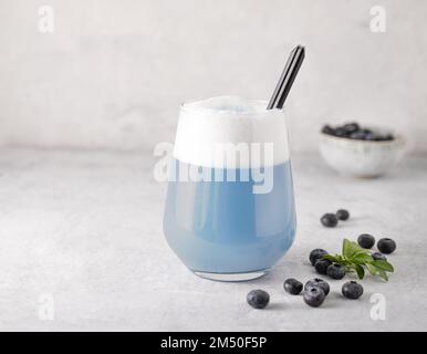 Latte blu opaco in vetro su fondo grigio in cemento con mirtilli freschi. Il concetto di bevanda vegana, superfood e cibo sano. Vista frontale Foto Stock