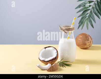 Concetto di consumo consapevole. Bottiglia di latte vegano con semi di cocco e rametto di palma su fondo giallo e grigio. Vista frontale e immagine dello spazio di copia Foto Stock