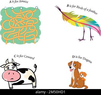 Illustrazione vettoriale di A, B, C, D. l'alfabeto dei bambini e le immagini creative delle lettere per gli adulti. Illustrazione Vettoriale
