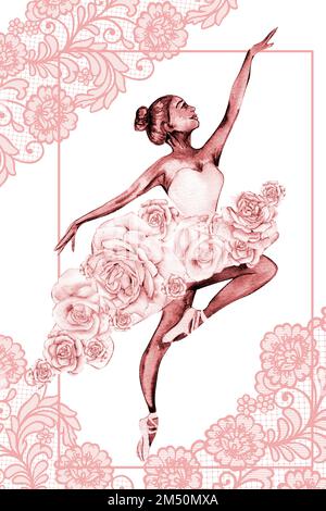 Ballerina con fiore e pizzo disegnata a mano con modello di watercolor. Rosa bella ballerina. Illustrazione disegnata a mano con acquerello. Foto Stock