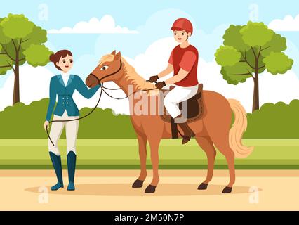 Allenatore di Equitazione sportiva con allenamento, lezioni di Equitazione e cavalli da corsa in Cartoon piano modello disegnato a mano Illustrazione Illustrazione Vettoriale