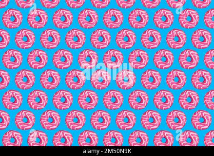 Moderno cibo trendy ripetizione modello di ciambelle rosa su uno sfondo blu. Collage cibo. Foto di alta qualità Foto Stock