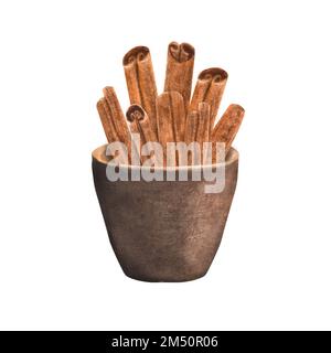 Ciotola in ceramica acquerello disegnata a mano con bastoncini di cannella. Questa è una parte della grande collezione di spezie indiane Foto Stock