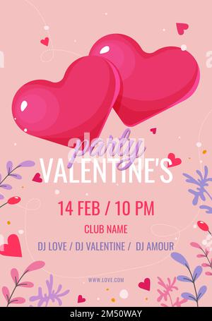 poster festa di san valentino su sfondo rosa con cuori e cute pianta design Illustrazione Vettoriale