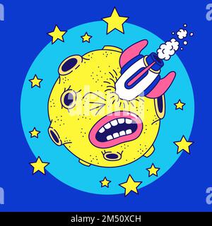 Luna divertente con un razzo nell'occhio Illustrazione Vettoriale