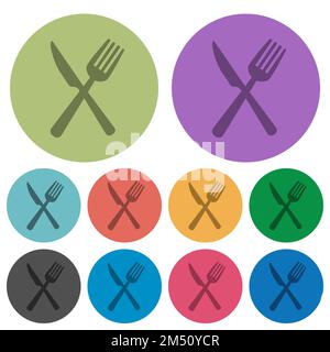 Forcella e coltello in posizione incrociata icone piatte più scure su sfondo rotondo a colori Illustrazione Vettoriale