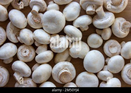 Funghi champignons vista dall'alto. Verdure fresche, ingredienti per cucinare. Foto Stock