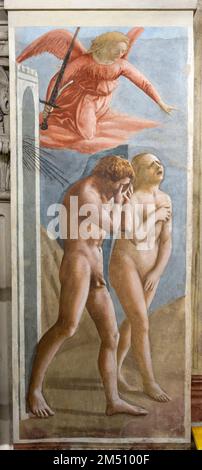 "Espulsione dal Giardino dell'Eden" del pittore Masaccio, affresco nella Cappella Brancacci, nella Chiesa di Santa Maria del Carmine, Firenze Foto Stock