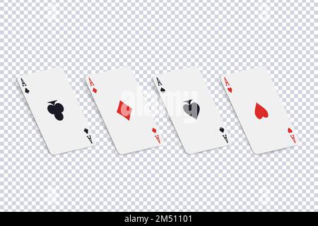 Set di quattro assi. Carte da gioco con simboli di diamanti, club, cuori, picche isolati su trasparente. Oggetto per giocare in casinò, gioco di progettazione, pubblicità Illustrazione Vettoriale