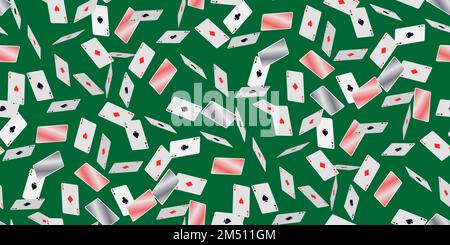 Carte da gioco in caduta sul verde. Modello senza cuciture con carte da gioco in caduta con simboli di diamanti, club, cuori e picche. Illustrazione vettoriale fo Illustrazione Vettoriale