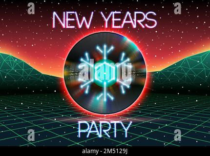 Nuovi anni invito alla festa poster e volantini con 80s neon stile e LP in vinile per dj Illustrazione Vettoriale