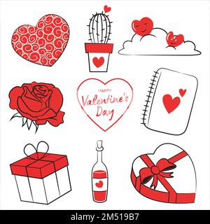 set di elementi felici di san valentino, cuori, cuori sulla nuvola, rosa, notebook, confezione regalo, bottiglia di vino, cactus Illustrazione Vettoriale