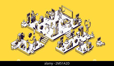 Lavoratori degli uffici di robot umani e ai. Dipendenti robotici insieme a persone in un ambiente di lavoro futuristico. Automazione dei cyborg, tecnologie di intelligenza artificiale, illustrazione isometrica della linea vettoriale 3D Illustrazione Vettoriale