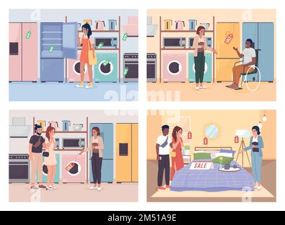 Acquisto di apparecchi per la casa piatto colore vettore illustrazione set Illustrazione Vettoriale