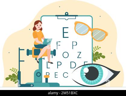 Optometrista con oftalmologo Controlla la vista del paziente, il test ottico degli occhi e la tecnologia degli occhiali in Cartoon piano modelli disegnati a mano Illustrazione Illustrazione Vettoriale