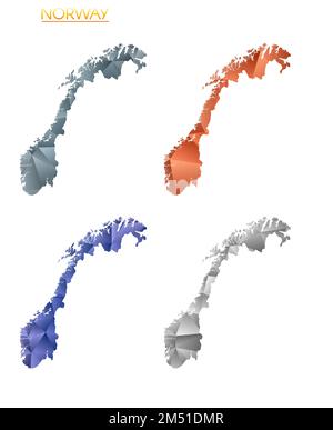 Serie di mappe poligonali vettoriali della Norvegia. Mappa del paese con gradiente luminoso in basso stile polietilene. Illustrazione Vettoriale