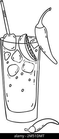 Famoso cocktail messicano Vampiro. Bevanda alcolica con tequila, cubetti di ghiaccio, pezzi di lime e peperoncino. Disegno a mano lineare vettoriale in stile doodle. Illustrazione Vettoriale