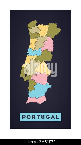 Mappa del Portogallo. Poster del paese con le regioni. Forma del Portogallo con nome del paese. Illustrazione vettoriale di classe. Illustrazione Vettoriale