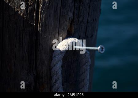 Corda appesa su un chiodo in un palo di ormeggio presso la riva di un lago visto da vicino Foto Stock