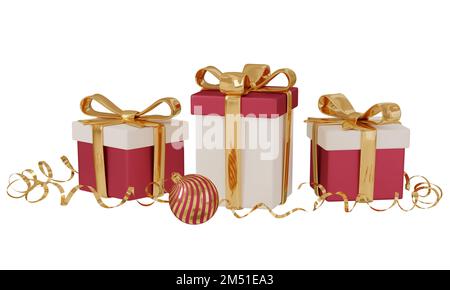 3D rendere scatole regalo con nastro d'oro serpentina e palla di Natale. Rosso e oro decorazione festiva per Natale e Capodanno biglietti, inviti, Foto Stock