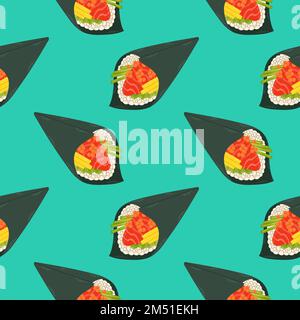 Sushi Rolls senza cuciture modello giappone asiatico cibo vettore design isolato su sfondo colorato Illustrazione Vettoriale