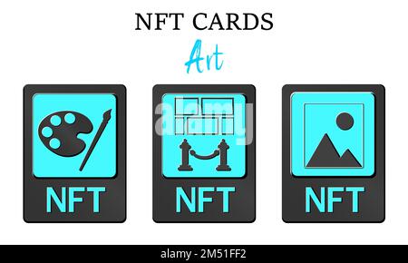 3D schede token NFT in crittografia. Schede NFT con art. Un token non fungibile con informazioni dalla blockchain. ERC20. eps vettore 10 Illustrazione Vettoriale