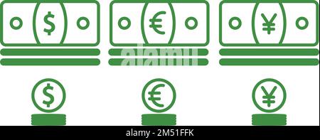 Illustrazione vettoriale della moneta dollaro, euro, simbolo delle banconote in moneta cinese yuan. Illustrazione Vettoriale
