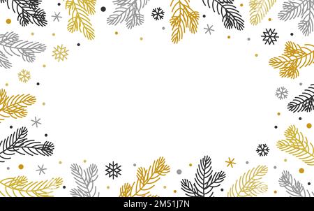Rami dell'albero di Natale, fiocchi di neve ghiacciati cadenti bordo con spazio per il testo. Inverno abete pino ramoscelli cornice floreale per il banner di auguri natalizi, volantino di invito alla festa, buono regalo Illustrazione Vettoriale