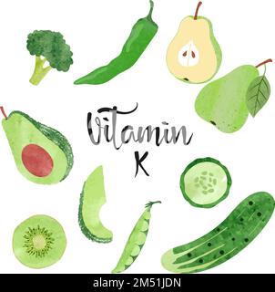 Verdure verdi e frutta. Illustrazione vettoriale degli alimenti ricchi di vitamina K. Illustrazione Vettoriale