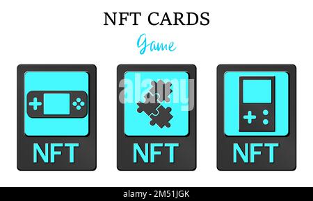 3D schede token NFT in crittografia. Carte NFT con gioco. Un token non fungibile con informazioni dalla blockchain. ERC20. eps vettore 10 Illustrazione Vettoriale