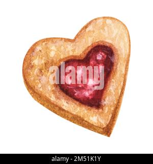 Dolci biscotti a forma di cuore con marmellata. Illustrazione ad acquerello disegnata a mano. Isolato su sfondo bianco. San Valentino. Foto Stock