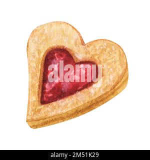 Dolci biscotti a forma di cuore con marmellata. Illustrazione ad acquerello disegnata a mano. Isolato su sfondo bianco. San Valentino. Foto Stock