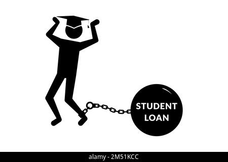 Icona studente annegando incatenato con il debito di prestito studente. Illustrazione vettoriale Illustrazione Vettoriale