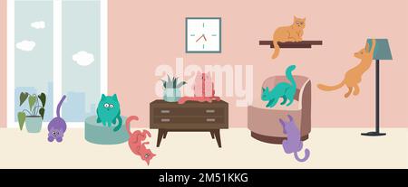 Accogliente appartamento interno con mobili confortevoli, molti gatti, illustrazione vettoriale Illustrazione Vettoriale