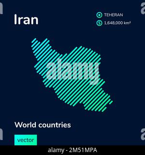 Mappa al neon digitale piatta vettoriale Iran in colori turchesi su sfondo blu scuro. Icona della mappa stilizzata dell'Iran. Elemento infografico. Illustrazione Vettoriale
