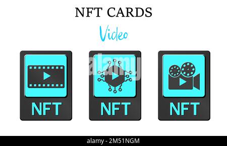 3D schede token NFT in crittografia. Schede NFT con video. Un token non fungibile con informazioni dalla blockchain. ERC20. eps vettore 10 Illustrazione Vettoriale