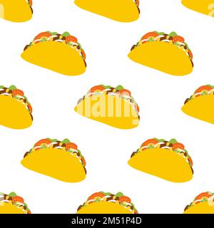 Motivo senza cuciture con taco in stile piatto. Sfondo vettoriale con piatti tradizionali messicani, cucina popolare, piatti latinoamericani. Illustrazione Vettoriale