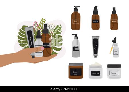 La mano femminile contiene prodotti cosmetici biologici in bottiglie, vasetti per la cura della pelle con forma astratta e verde. Detergente extra per prodotti cosmetici, toner, Illustrazione Vettoriale