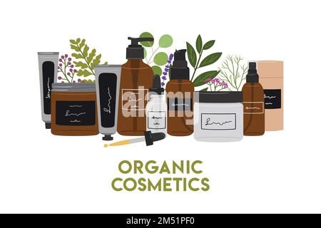 Composizioni verticali con prodotti cosmetici organici in bottiglie, vasetti, tubi per la cura della pelle con il verde. Detergente, toner, siero, olio, prodotto cremoso. Illustrazione Vettoriale