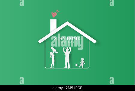 Rimani a casa su ambiente ecologico background.Stay sicuro con l'icona di casa contro virus.Happy famiglia concetto di quarantena e rimanere a casa. Consapevolezza COVID-19 Illustrazione Vettoriale