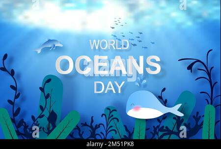 Concetto di goccia di acqua della Giornata Mondiale degli oceani. Celebrazione dedicata alla protezione della terra marina e alla conservazione dell'ecosistema idrico. Carta artigianale origami blu di s Illustrazione Vettoriale