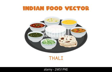 Indian Thali - famoso cibo tradizionale indiano con naan e vari piatti serviti su piatto piatto vettore illustrazione, clipart cartone animato. Cibo asiatico Illustrazione Vettoriale