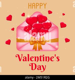 Cartolina con busta rosa con arco e cuori. Carta di San Valentino con messaggio d'amore per poster, invito, volantino o banner. Il concetto di celebrato Illustrazione Vettoriale
