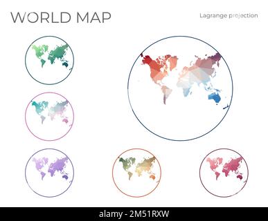 Mappa mondo Poly bassa impostata. Proiezione conforme di Lagrange. Collezione di mappe del mondo in stile geometrico. Illustrazione vettoriale. Illustrazione Vettoriale