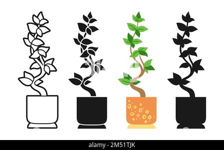 Casa pianta in vaso cartone animato set icona. Foglia vaso pianta domestica doodle ceramica, linea icona o silhouette stile collezione. Moderna pianta boho casa in pentola interni naturale stile vettore timbro Illustrazione Vettoriale