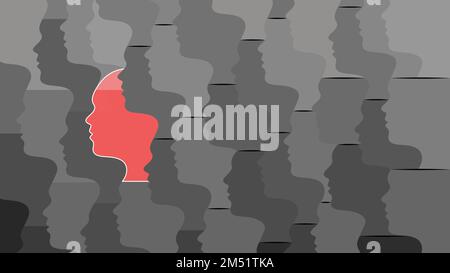 Distinguiti dalla folla stupida. Concetto di leader. La testa rossa si distingue dalla folla di teste grigie. Illustrazione Vettoriale