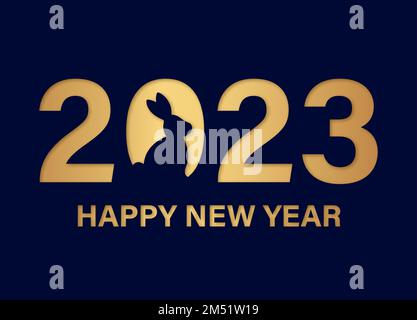 Elegante biglietto di auguri per il nuovo anno in minimalismo. Felice anno nuovo 2023 anno del segno zodiacale di coniglio. Blu e oro. Illustrazione vettoriale. Illustrazione Vettoriale