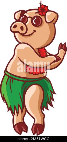 Carino Hula Dancing Pig Cartoon personaggio Illustrazione Vettoriale