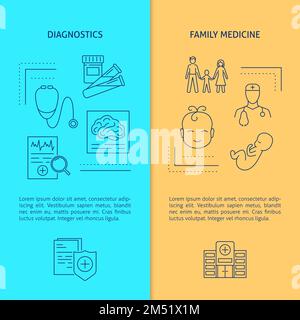 Modelli di banner medici con spazio per il testo. Simboli diagnostici e di medicina di famiglia. Illustrazione vettoriale. Illustrazione Vettoriale
